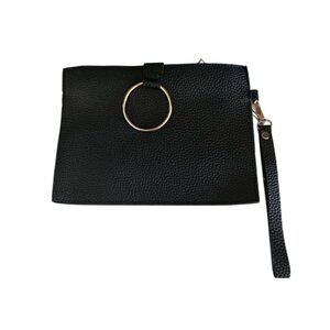 Black Faux Leather Clutch Wristlet With Gold Ring Closure
